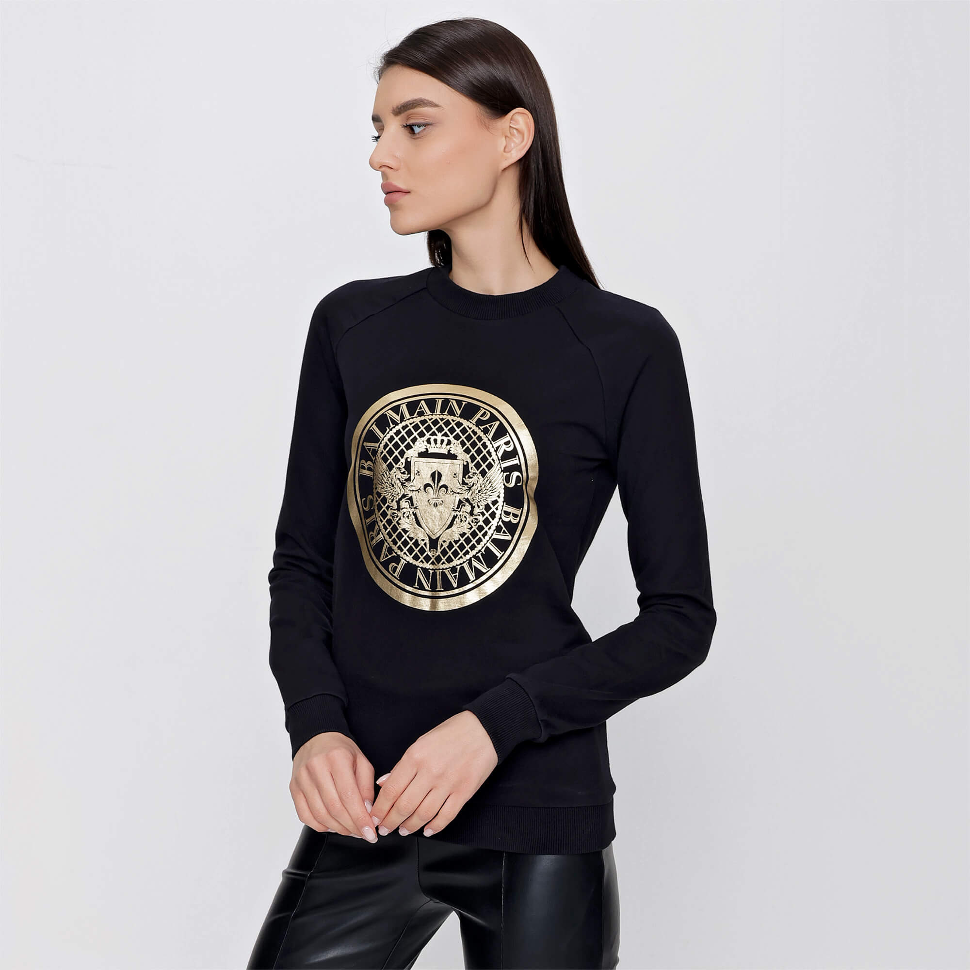 Balmain - Black Cotton Gold Tone Logo Print With Sweatshirt